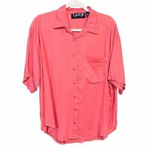 Vintage 90s Intense coral short sleeve button front blouse rayon artsy large